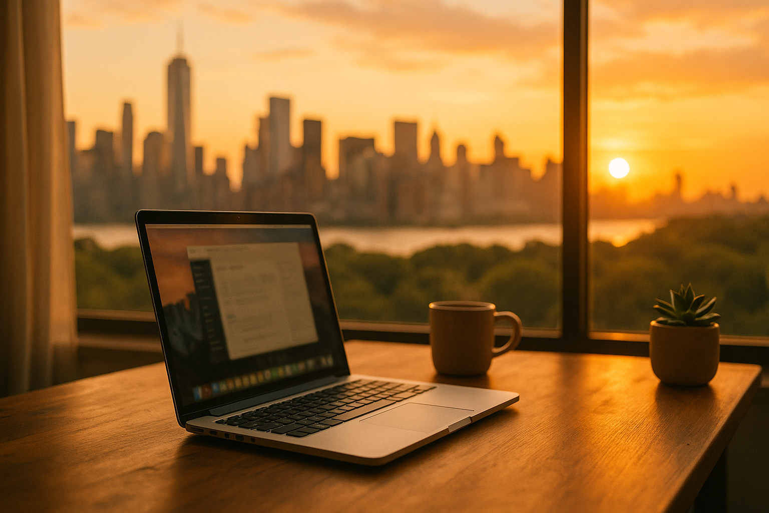 Laptop aberto com vista da cidade ao entardecer